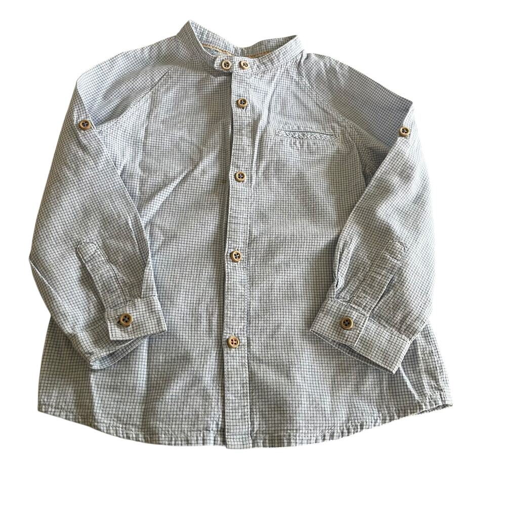 Zara Boys White Blue Check Mandarin Collar Button Up Shirt Size 2-3